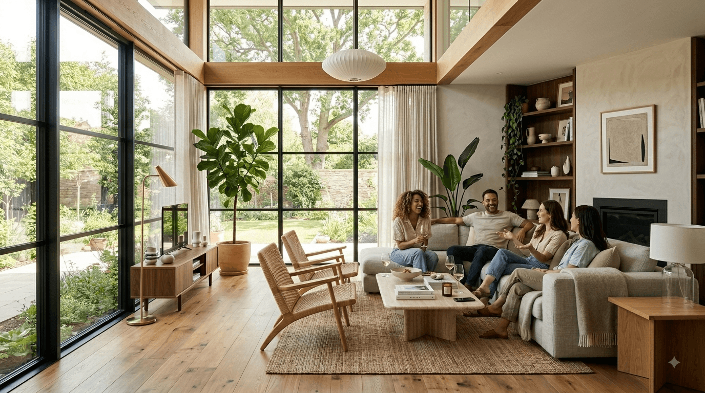 Pessoas reunidas em uma sala reformada