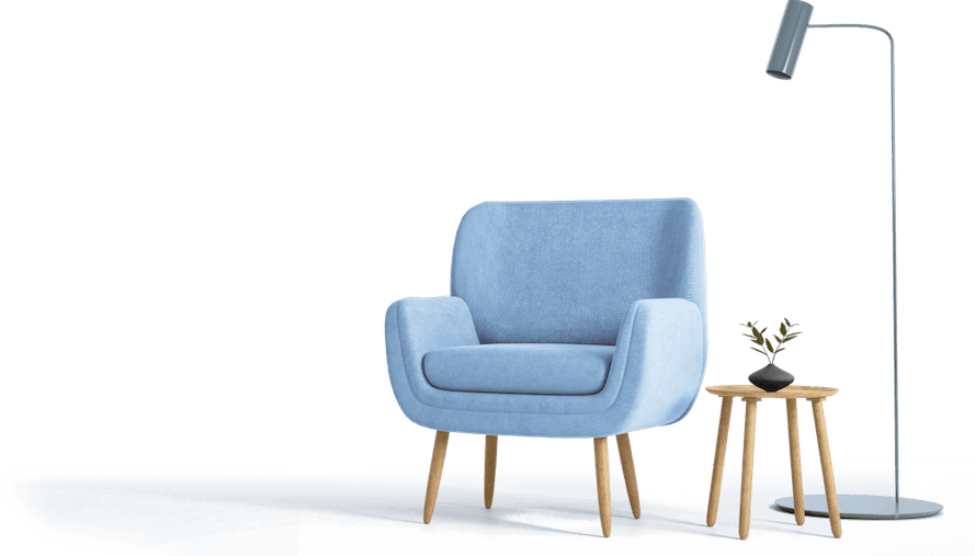 Cadeira azul com mesinha e vaso de planta