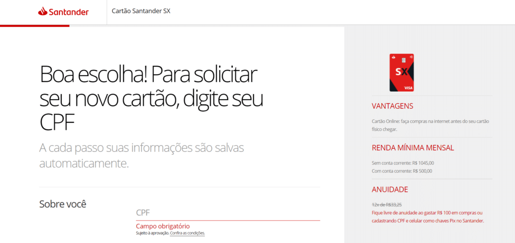 Solicitando um cartão de crédito do santander SX