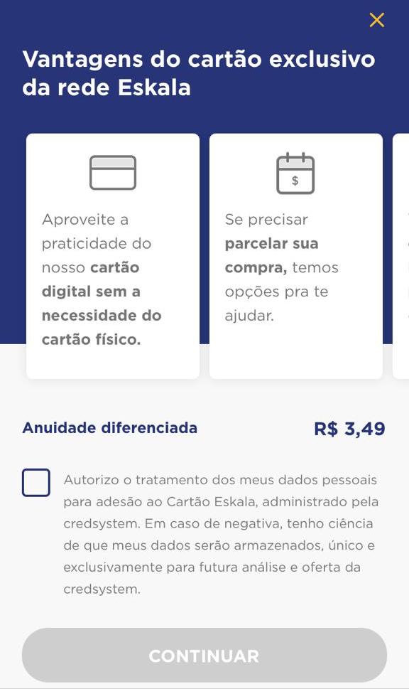 Autorize os termos do aplicativo Eskala para continuar solicitando o cartão