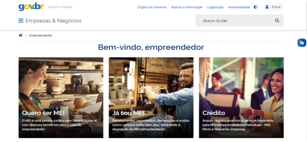 Página inicial do portal do empreendedor para abrir ou consultar informações sobre MEI