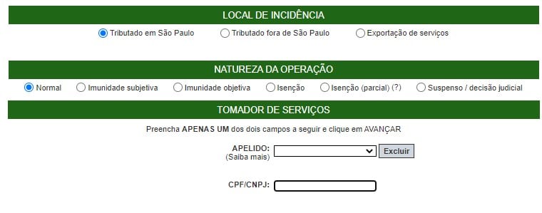 tela de preenchimento de informações da NFS-E